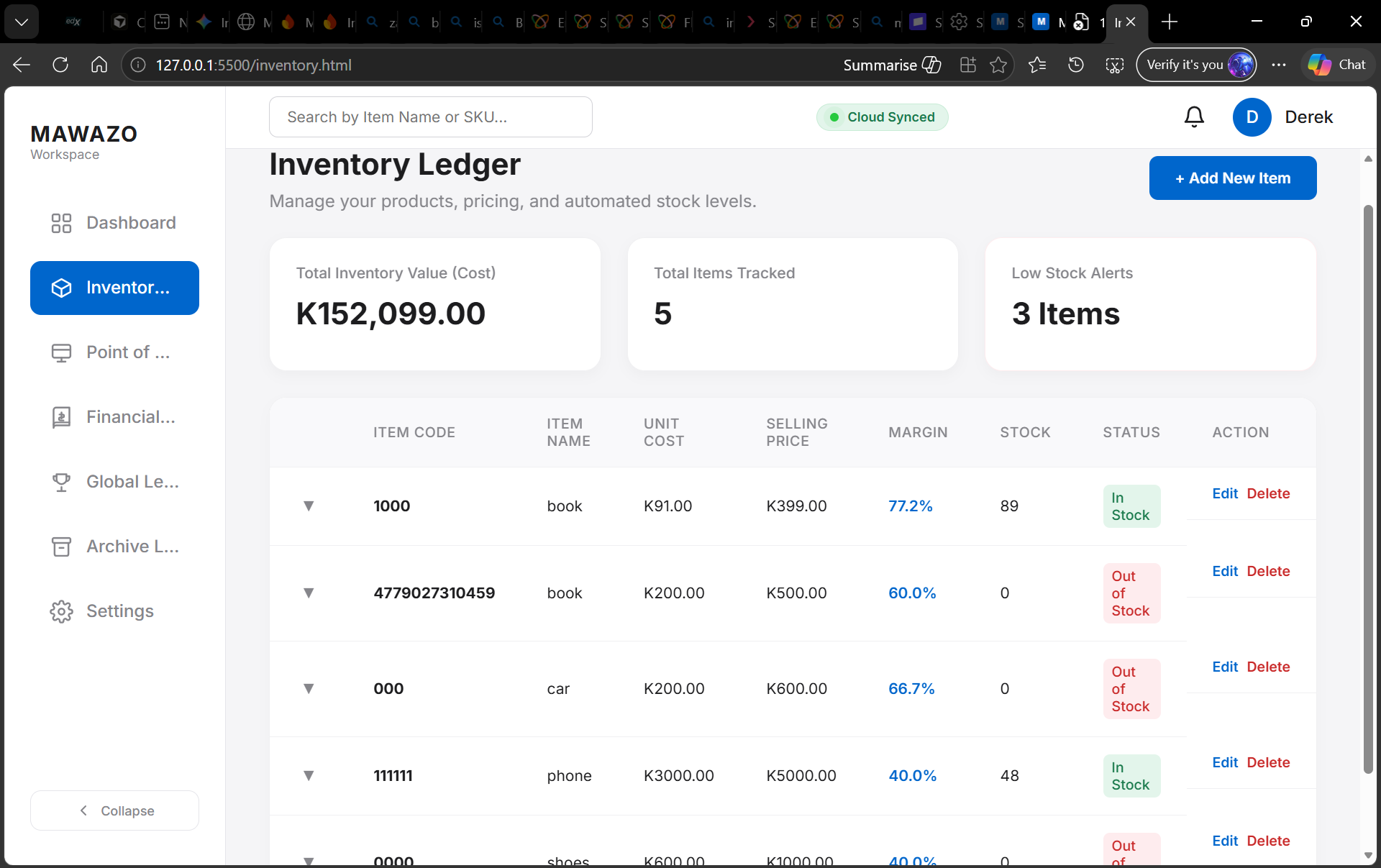 Business Core Inventory Ledger with stock levels and alerts